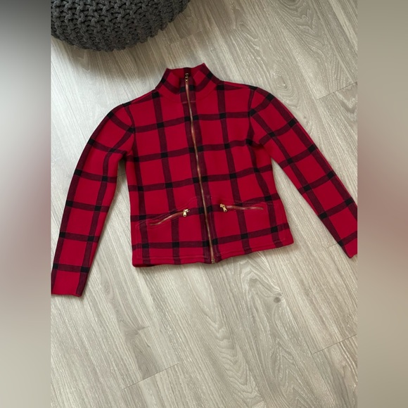 Lauren Ralph Lauren Red & Black Plaid Zip Up Sweater - Picture 5 of 9